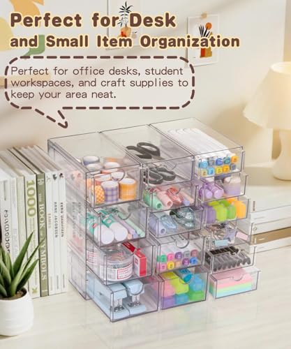 VZKAH Clear Acrylic Organizer with Drawers | 15-Drawer Desktop Unit | Makeup & Desk Organization and Storage Box for Office, Craft, Vanity Table, Bathroom, Home Essentials - style: 15 drawers / 3 set