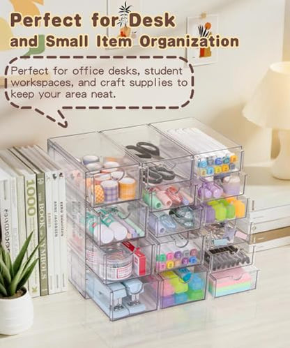 VZKAH Clear Acrylic Organizer with Drawers | 15-Drawer Desktop Unit | Makeup & Desk Organization and Storage Box for Office, Craft, Vanity Table, Bathroom, Home Essentials - style: 15 drawers / 3 set