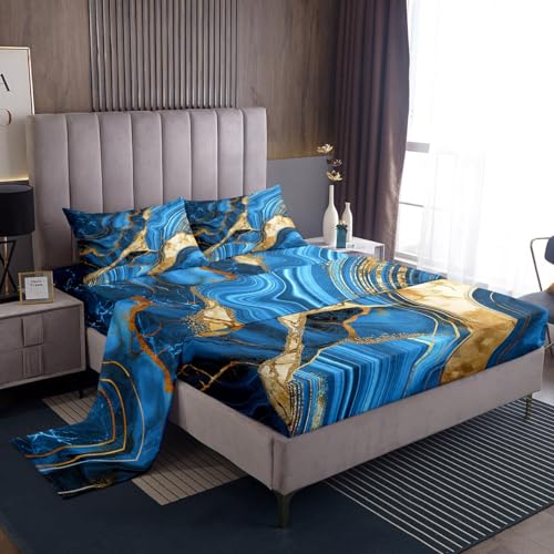 Erosebridal Blue Marble Bed Sheets Set Twin, Gold Crack Sheet Set for Kids Boys, Abstract Metallic Texture Sheets, Luxury Shinny Bedroom Decor Boho Hippie Fluid Deep Pocket Top Sheet - color: Multi 03, size: Twin