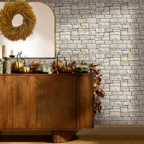 COMSTICKC 3D Faux Stone Wall Sticker Peel and Stick Wall Covering, 12 pcs 22.8" x 11.8", DIY UrltraLight PVC 3D Self Adhesive Fake Brick Rock Paneling Interior Decor,Paintable,Covers 22.48 sq.ft - color: Light Brown Stone