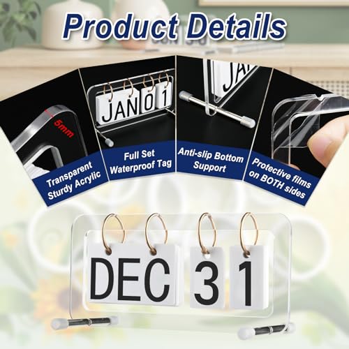 Cosmos Desk Flip Calendar Perpetual Desk Date Calendar Ring Flip Daily Block Calendar for Home Office Teacher Desktop Accessory, Reusable Month Day Display Desk Standing Calendar Decoration, Acrylic