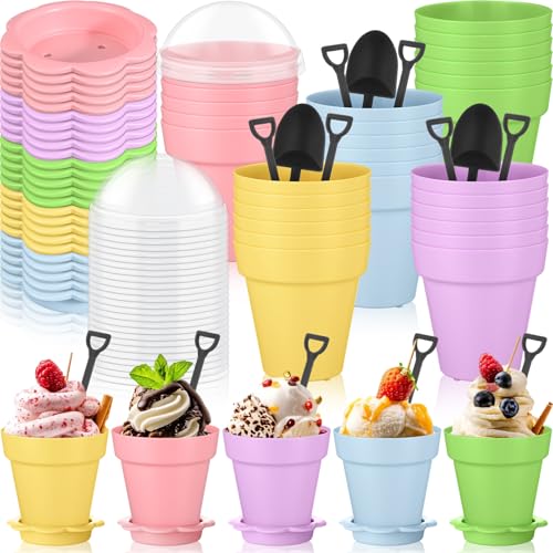 Honeydak 25 Pack Flowerpot Dessert Cup Plastic Cake Cups with Lid Shovel Spoon Mini Flower Pot Dessert Cups Ice Cream Yogurt Cupcake Holder Containers for Birthday Party Supplies DIY Baking(Colorful) - color: Colorful