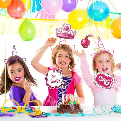 30 Pcs Pink Girls Birthday Photo Booth Props Kit - Hot Pink Princess Birthday Party Decoration Set with Real Glitter Cute Designs for Her, Funny Selfie Photo Booth Props for Kids Girls Any Bday Party