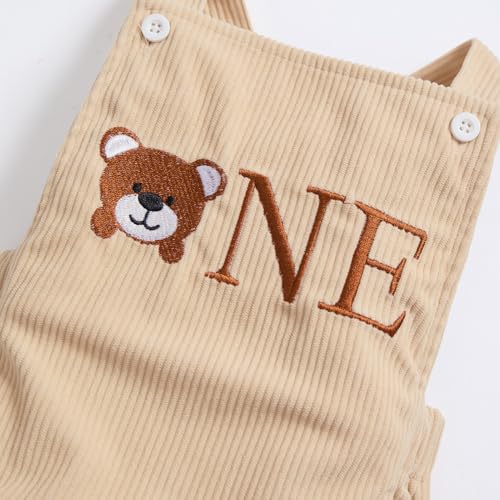 IMEKIS Baby Girls Boys Boho 1st Birthday Outfit Backless Overalls Romper for Cake Smash Photo Shoot - color: Khaki Bear One, size: 12-18 Months