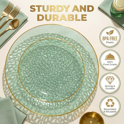 I00000 150Pcs Clear Green Plastic Plates with Gold Rim,Green Disposable Plates,Clear hammer patterned plates Set include 30 Dinner Plate,30 Dessert Plate,90 plastic Silverware Set for Party - color: Clear Green