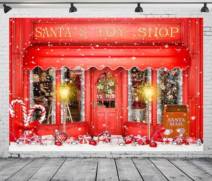 10X6.5FT Red Christmas Photo Backdrop Santa's Toy Shop Candy Cane in Snow World Xmas Family Holiday Party Banner Photography Background Supplies Decor Studio Prop - size: 10x6.5ft