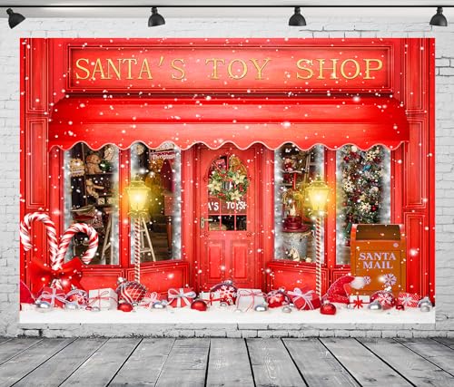 15X8FT Red Christmas Photo Backdrop Santa's Toy Shop Candy Cane in Snow World Xmas Family Holiday Party Banner Photography Background Supplies Decor Studio Prop - size: 15x8Ft