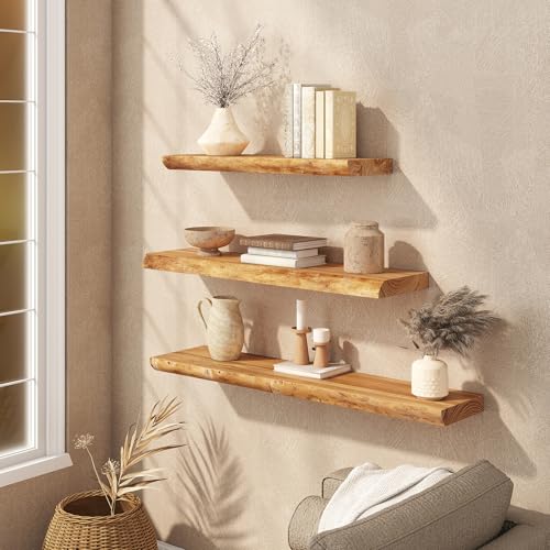 Live Edge Floating Shelf, 40 Inch Rustic Solid Elm Wood - Natural Wood Tone with Invisible Brackets, Wall Mounted for Living Room, Kitchen, Bathroom - color: Clear Natural, size: 40"L, 1-Pack