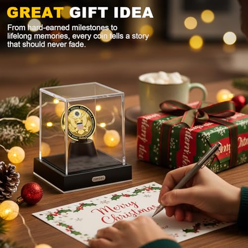 JupDec Coin Display Case, Clear Acrylic Single Coin Holder with Durable Base, Dustproof Cube Showcase with Black Velvet Interior, Ideal Gift for Challenge Coin Fans & Collectors - size: 1 Pack