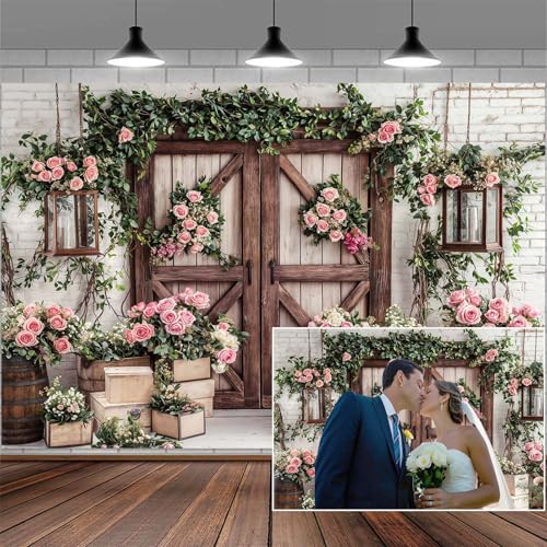 5x3ft Country Wedding Photography Backdrop Floral Rustic Roses Farmhouse Wooden Door Backdrop Pink Flower Birthday Baby Shower Wedding Bridal Party Banner Photo Booth Props Anniversary Background - color: Multi4, size: 5X3FT