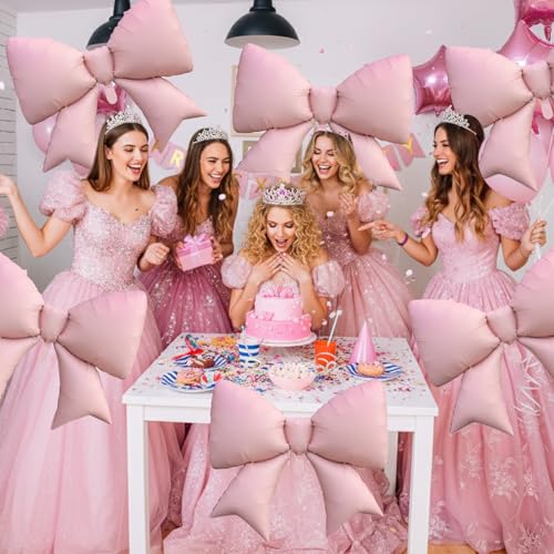 Biapian 6 Pcs Pink Bow Balloons, 38 Inch Giant Bow Foil Balloons, Elegant Pink Aluminum Balloon for Girls Women Bow Themed Birthday Bridal Baby Shower Wedding Bachelorette Princess Party Decorations - style: Pink Bow