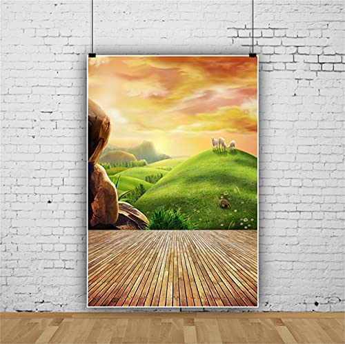 AOFOTO 4x6ft Photography Backgrounds Photo Backdrop Dreamy Pastoral Scenery Cartoon Painting Rosy Clouds Sheep Grass Hillside Wood Floor Props Video Studio Baby Kid Artistic Portrait Vinyl Wallpaper - size: 4x6ft