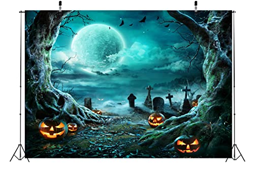 BELECO 12x10ft Fabric Halloween Graveyard Backdrop Spooky Full Moon Night Scary Pumpkin Halloween Party Decorations Photography Backdrop Adults Kids Family Holiday Party Decorations Photo Props