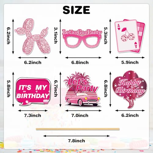 30Pcs Pink Girl Birthday Photo Booth Props with Sticks,Hot Pink Girls Birthday Party Decoration Supplies for Girls Women Disco Night Bachelorette Party Photo Booth Props
