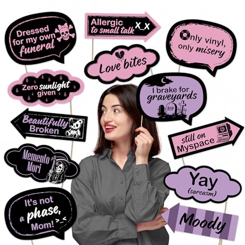 Emo Party Photo Booth Props – 12 Black and Pink Signs for Birthday, Concert, Halloween, and Emo Party Decorations