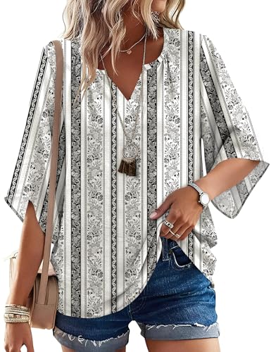 LOMON Women's 3/4 Length Sleeve Boho Tops V Neck Casual Vacation Clothes Loose Fit Tunic Shirts S-3XL - color: Multi Black, size: Medium