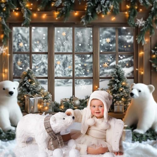 AIBIIN 7x5ft Winter Christmas Backdrop Window Snowy Xmas Pine Trees Forest View Photography Background Winter Christmas Cute Bear Gift Photo Backdrop - color: Bear, size: 7x5ft