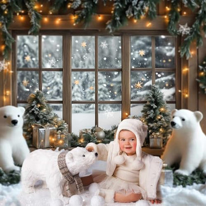 AIBIIN 7x5ft Winter Christmas Backdrop Window Snowy Xmas Pine Trees Forest View Photography Background Winter Christmas Cute Bear Gift Photo Backdrop - color: Bear, size: 7x5ft