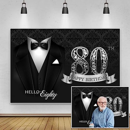 5x3ft Men 80th Birthday Tuxedo Background Black Necktie Suit Tuxedo Happy Birthday Photography Backdrop Hello Eighty Silver Diamond Luxury Birthday Party Supplies Portrait Photo Shoot Props - color: black silver 80, size: 5x3ft