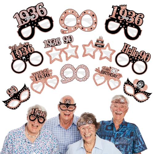 Turypaty 12Pcs 1936 90th Birthday Paper Glasses Decorations for Women - Rose Gold Happy 90th Birthday Paper Eyeglasses Photo Props Gifts, Vintage 1936 90 Years Old Birthday Party Supplies - style: Rose Gold 90th