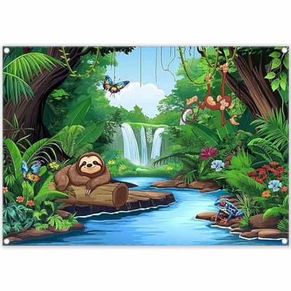 Polyester 7x5ft Rainforest Backdrop Tropical Jungle Forest Safari Animal Background for Kids Adventure Party Decorations Summer Event Photo Banner Props - size: 7'x5'