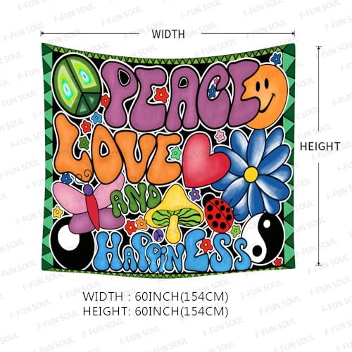 F-FUN SOUL Peace Love and Happiness Tapestry, 60x60inches Soft Flannel, Mushroom Psychedelic Tapestries 70s Theme Tapestry Wall Hanging for Bedroom Living Room Decor GTZYFS1337 - size: 60.6"L x 60.6"W