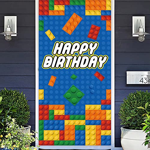 Colorful Building Blocks Happy Birthday Banner Backdrop Construction Bricks and Blocks Theme Decor Decorations for Birthday Party Favors Supplies Background Photo Booth Props