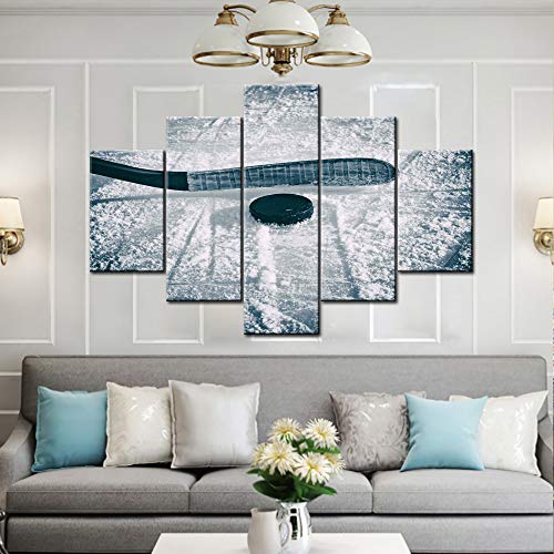 5 Panel Ice and Snow Hockey Sport Canvas Prints Painting Wall Art Hockey Stick and Puck Home Decor Framed Picture Modern Artwork for Bedroom Giclee Gallery-Wrapped Stretched Ready to Hang(60''Wx40''H) - color: Artwork-33, size: 60''W x 40''H