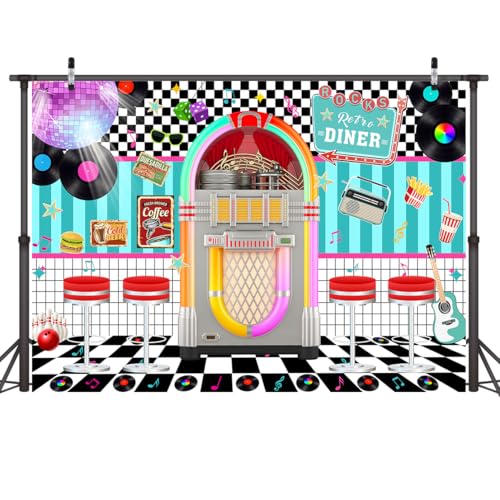 LYWYGG 7X5FT Retro Diner Party Backdrop 50s Retro Rock and Roll Diner Photography Background Sock Hop Party Backdrops cp-640