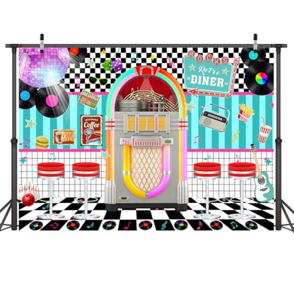 LYWYGG 7X5FT Retro Diner Party Backdrop 50s Retro Rock and Roll Diner Photography Background Sock Hop Party Backdrops cp-640