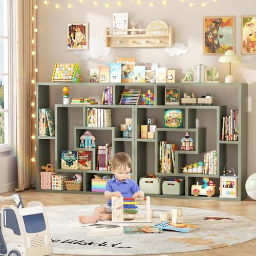 Armocity 6 Tier Display Book Shelf Wall Mounted Bookshelf Freestanding Geometric Bookcase Floating Book Shelves for Wall Bedroom Living Room Home Office, 45.5"(W) * 47"(H), Crab Green - color: Crab Green