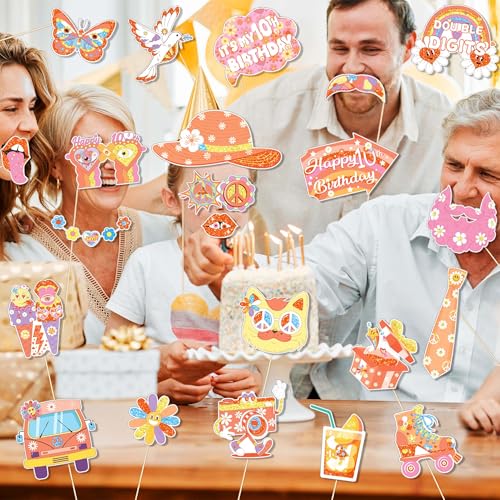 25Pcs Groovy 10th Birthday Photo Booth Props with Stick, Boho Hippie Theme Selfie Props, Retro Party Supplies, Girl Kids Bday Photography Backdrop Decorations