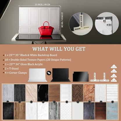 Product Photography Backdrops with Gloss Black Acrylic, 23x35in Photo Backdrop Board, 10Pcs 20Patterns Background Table Top Shooting Kit for Food, Jewelry, Cosmetics & Content Creation, MDAOCRY