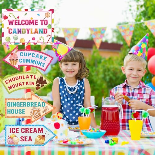 20 Pieces Candyland Decorations Welcome to Candyland Signs Candy Party Decorations for Kids Girls Candy Land Themed Birthday Party Halloween Christmas Trunk or Treat Car Decorations - style: Candyland