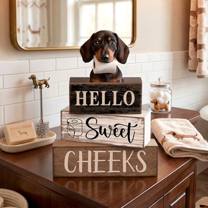 Moucuny 4 Pcs Dachshund Bathroom Decor Set Funny Toilet Wooden Tiered Tray Decor Farmhouse Dachshund Centerpiece Rustic Bathroom Shelf Decoration Hello Sweet Cheeks Decoration for Home Office - style: Dachshund
