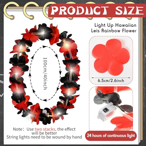 Sherr 24 Pcs LED Light Up Hawaiian Leis Flower Necklaces, Black and Red Artificial Flower Garlands for Graduation Party, Luau, Wedding, Festival Night Accessories - color: Black Red