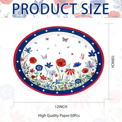 Grencian 50 Pcs 4th of July Flower Oval Paper Plates 10" × 12" Heavy Duty American Flag Plates Disposable Patriotic Platters for Independence Day Memorial Day 250th Anniversary Party Supplies Decor - style: 50Pcs 4th of July Floral Oval Plates