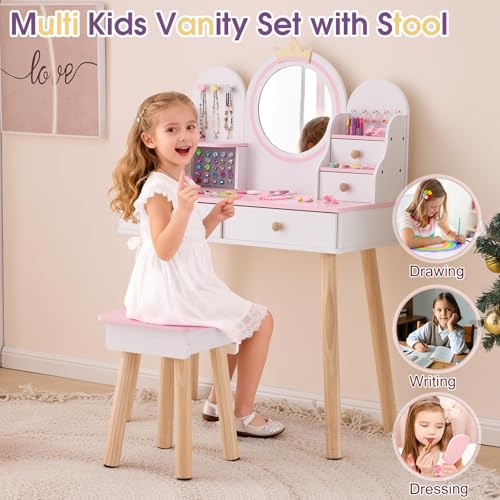 Kids Vanity Set with Jewelry Organizer for Princess, Girls Vanity Table and Chair Set with Drawers & Necklace Hooks, Toddler Makeup Dressing Table with Open Shelves, White