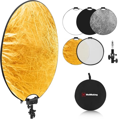 WELLMAKING 32 Inch (80cm) Reflector Photography, Collapsible Light Reflector with Threaded Handle & tilt Adapter, 5 in 1 Handle Reflector for Lighting -Translucent, Silver, Gold, White and Black - color: 5-in-1 (Translucent, Silver, Gold, White, Black), s