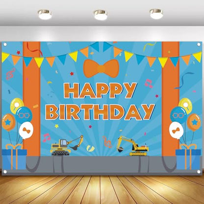 Cartoon Orange Blue Theme Happy Birthday Photography Backdrop, 5x3ft Background Photo Booth Banner Props for Kids Girls Boys Birthday Baby Shower Holiday Party Decorations Supplies - size: 5x3ft / 60" Lx40" W