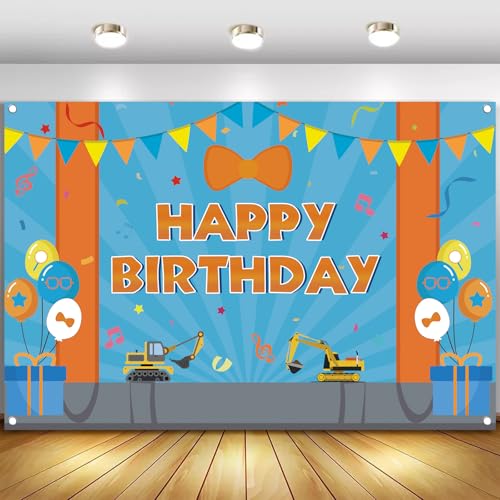 Cartoon Orange Blue Theme Happy Birthday Photography Backdrop, 7x5ft Background Photo Booth Banner Props for Kids Girls Boys Birthday Baby Shower Holiday Party Decorations Supplies - size: 7x5ft / 84" Lx60" W