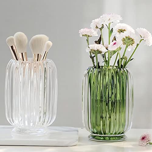 DASITON Makeup Brush holder Organizer,Crystal Cosmetic Makeup Brush Glass Brushes Storage Holder, Vintage Make Up Brush Cup striped vase(Green) - color: Green