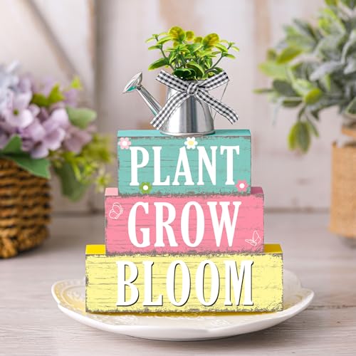 GlikCeil 4 Pcs Spring Table Decoration Spring Tiered Tray Decor Plant Grow Bloom Wooden Kettle Block Sign Farmhouse Rustic Table Decor Wood Tabletop Centerpiece for Home Desk Kitchen Shelf Decors - style: Spring