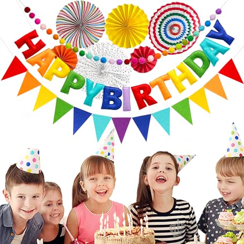 3 Pcs Pre-Strung Happy Birthday Banner, Felt Ball Garland, Pennant Triangle Flags, Rainbow Party Decorations, HAPPY BIRTHDAY Garland, Personalized Holiday Sign for Birthday Decor, Party Supplies, Photo Prop ( Felt Banner + Pennant Flags + Rainbow Balls) -