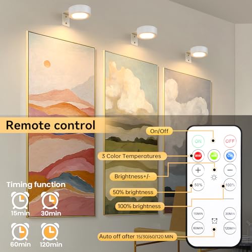 4-Pack Battery Picture Lights, Remote Painting Light for Art Disaplay,Magnetic LED Wall Picture Light, Dimmable & Timer, 3 Lighting Modes Art Display Light for Gallery Dartboard Frame Pictures, White - color: White 4 Pack