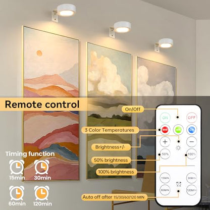 4-Pack Battery Picture Lights, Remote Painting Light for Art Disaplay,Magnetic LED Wall Picture Light, Dimmable & Timer, 3 Lighting Modes Art Display Light for Gallery Dartboard Frame Pictures, White - color: White 4 Pack