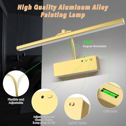 Lightbiz Picture Light, 15.35inch 5400mAh Rechargeable Picture Lights for Wall Battery Operated Wall Lights, 3 Colors Paintings Light Dimmable Art Light for Artwork, Gallery (Gold)