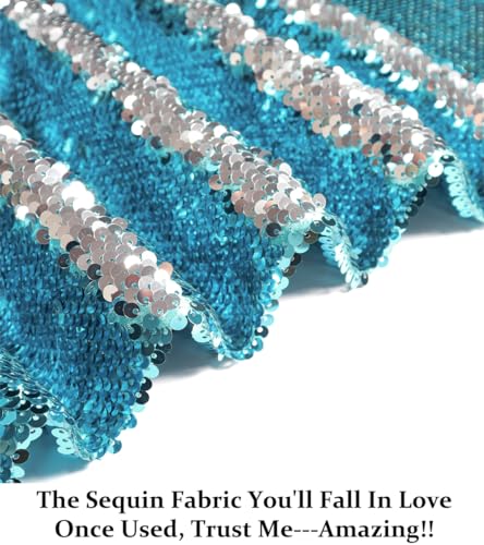 DUOBAO Turquoise to Silver Sequin Fabric by The Yard Mermaid Two Color Change Glitter Fabrics Aqua Reversible Sparkle Sequins - color: Silver to Turquoise, size: 1 Yard