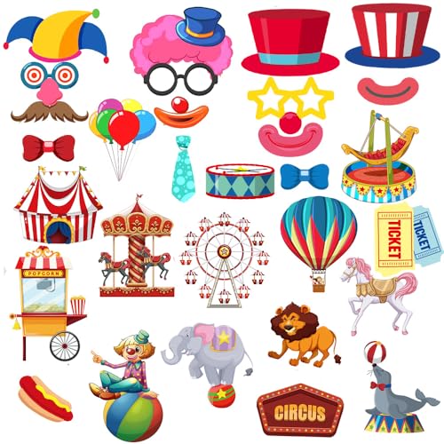 Circus Photo Booth Props, Tumwisk 30PCS Carnival Decorations Circus Theme Party Decorations,Funny Carnival Theme Party Selfie Props - Carnival Birthday Backdrop - color: Circus
