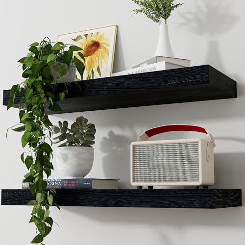 Axeman Floating Shelves, 2 Pack 8 Inch Deep Modern Solid Wood Wall Shelves for Storage, Wall Mounted Display Shelving with Invisible Heavy-Duty Metal Bracket, 24" W x 8" D x 1.6" H, Distressed Black - color: Distressed Black, size: 24" W, 2-Pack
